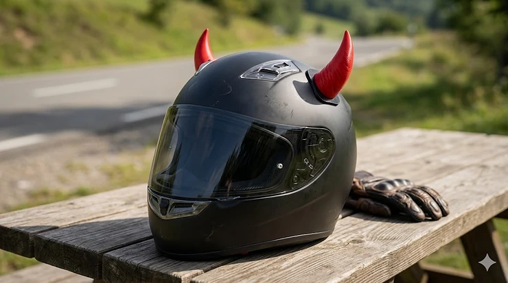 A sleek matte black motorcycle helmet featuring red devil horn accessories attached to the top. devil horn helmet accessories