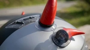 Close-up view of the secure suction cup base on a devil horn helmet accessory.