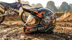 Aggressive mud-splatter style personalized helmet graphics on a motocross helmet with neon accents.