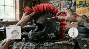 Step-by-step illustration showing how to attach a synthetic mohawk to a motorcycle helmet.