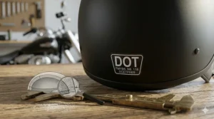 Close-up of the official DOT certification sticker on the rear of a low-profile half shell helmet.