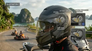 Illustration of a chin bar flip helmet with P/J dual homologation safety certification icons.