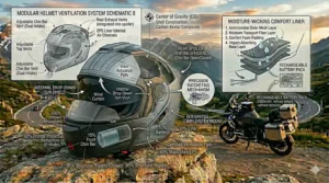 Illustration explaining the safety rating for riding with a modular touring helmet in both open and closed positions.