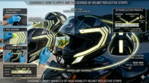 Step-by-step illustration showing how to apply adhesive high-visibility reflective strips to a helmet surface.