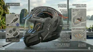 Cross-section illustration showing the layered carbon fiber construction of a lightweight flip-up helmet.