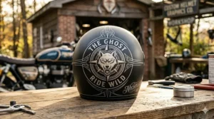 Matte black motorcycle helmet featuring subtle personalized helmet graphics and sleek silver pinstriping.