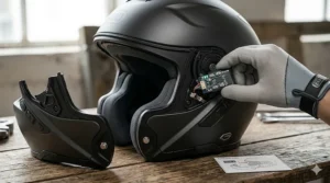 Close-up illustration of the side control panel on a bluetooth-ready modular helmet for easy intercom access.