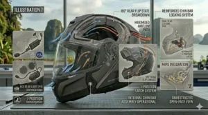 Illustration of a chin bar flip helmet with an integrated Bluetooth communication system cutout.