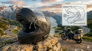 Illustration showing the smooth chin bar pivot mechanism of a comfort modular touring helmet.