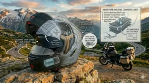 Exploded view of a moisture-wicking, antimicrobial interior liner designed for modular touring comfort.