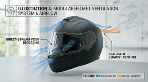 Airflow diagram illustrating the cooling ventilation system in an affordable modular protection helmet for long rides.