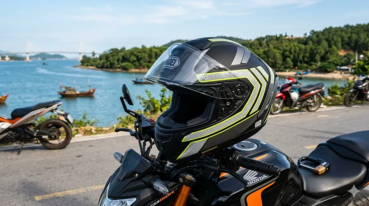 A rider wearing a matte black motorcycle helmet equipped with silver high-visibility reflective strips glowing under night-time streetlights.