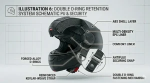 Detailed illustration of the secure D-ring chin strap system used for protection in affordable modular helmets.