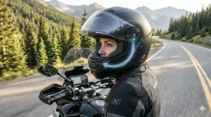 A rider wearing a bluetooth-ready modular helmet while navigating with voice commands on a touring motorcycle.