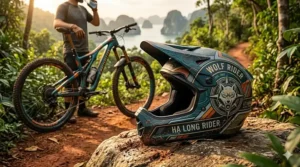 Colorful personalized helmet graphics on a mountain bike helmet featuring geometric patterns and name decals.