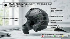 Cross-section diagram of the EPS foam and polycarbonate shell layers in an affordable modular protection helmet.