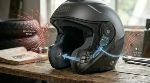 Cutaway view of the noise-canceling microphone placement inside a bluetooth-ready modular helmet.