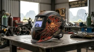 A custom-designed welding hood showcasing flame-themed personalized helmet graphics and heat-resistant finishes.