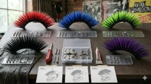 A selection of different neon and classic colored mohawks designed for punk rock style helmets.