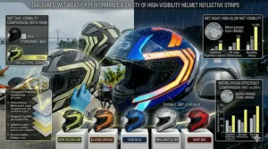 Illustration of a motorcycle helmet with reflective strips remaining visible through heavy rain and mist.