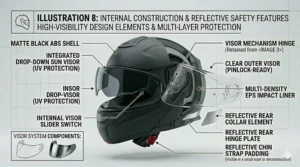 Night-view illustration highlighting reflective safety decals on an affordable modular protection helmet to increase rider visibility.
