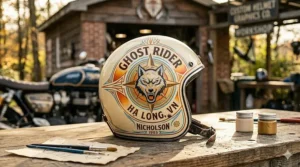 Vintage-inspired personalized helmet graphics with a 70s color palette on a classic open-face helmet.