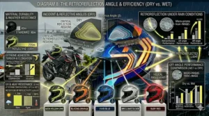 Technical illustration showing light hitting retroreflective strips on a motorcycle helmet and bouncing back to the source.