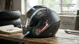 Safety illustration highlighting the reinforced shell and EPS liner of a modern bluetooth-ready modular helmet.