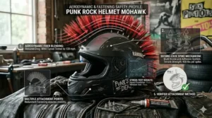 An infographic detailing the aerodynamic safety features of a securely fastened punk rock helmet mohawk.