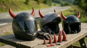 Illustration showing how devil horn accessories fit universally on various helmet brands.