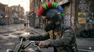 An urban motorcyclist wearing a sleek black helmet adorned with a bold punk rock helmet mohawk.