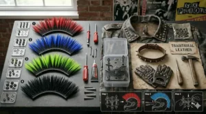 A comparison of traditional leather punk accessories versus modern aerodynamic helmet mohawks.