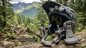 A photorealistic close-up illustration focusing on the interior of the 'ENDURO ELITE' helmet on a mossy log, showcasing an exploded view of the removable, contoured antimicrobial padding pieces with a call-out box for the liner system.