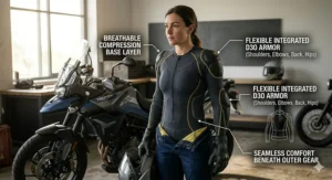 A 4K photorealistic studio photograph of a female rider wearing an armored base layer for discreet ladies motorcycle protection, highlighting breathable compression and flexible D3O armor.