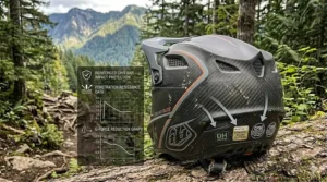 A detailed photorealistic rear-view illustration of the 'TLD Enduro Elite' helmet on a forest log, highlighting sharp, legible ASTM F1952 Downhill and CPSC certification stickers alongside a data overlay showing impact protection performance.