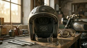 Close-up of the moisture-wicking interior liner and EPS foam inside a cap-style motorcycle helmet.