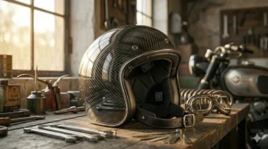 Lightweight carbon fiber cap-style motorcycle helmet highlighting the weave texture and low-profile design.