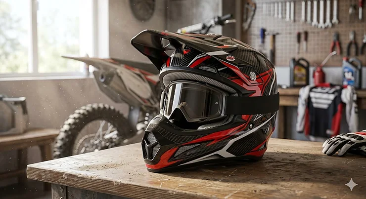 A high-performance carbon fiber MX racing helmet featuring a wide goggles port and aerodynamic peak.