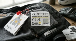A photorealistic 4K studio photograph close-up of labels highlighting "CE Certified Ladies Motorcycle Protection" and tested protective zones on a female graphic.