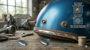 Detailed illustration of hand-stitched chrome trim on a retro open-face helmet.