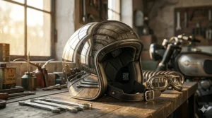 Polished chrome cap-style motorcycle helmet reflecting a bright outdoor setting.