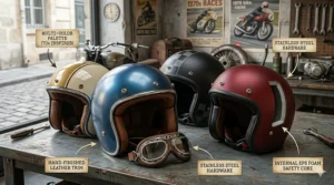 Illustration of 1970s inspired aesthetic details on retro open-face protection.