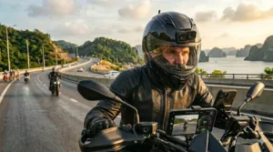 Visual of the rearview camera display integrated into the top of a connected motorcycle helmet's field of view.