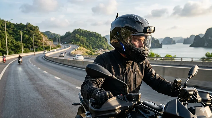 A rider wearing a connected motorcycle helmet with an integrated heads-up display and Bluetooth communication system on a scenic highway.