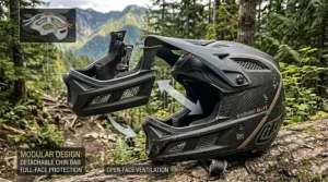 Illustration demonstrating the detachable chin bar mechanism on the convertible "ENDURO ELITE" racing helmet, showing the full-face helmet transforming into an open-face configuration on a forest log.