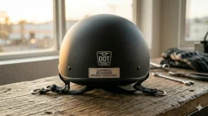 Rear view of a slim profile half helmet displaying the DOT safety certification sticker.