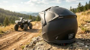 Close-up illustration of DOT safety certification seal on a matte black quad riding helmet.