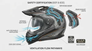 An illustration highlighting the DOT and ECE safety certification labels on the shell of a street-legal off-road helmet.