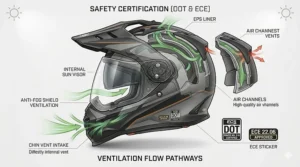 An illustrative technical cutaway of a street-legal off-road helmet showing removable, quick-dry interior padding and cheek pads.