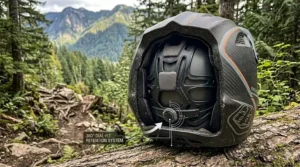 A detailed photorealistic rear-view illustration of the 'ENDURO ELITE' helmet resting on a mossy log, featuring a cutaway section that reveals the internal 360-degree dial-fit retention system with precise adjustment call-outs.